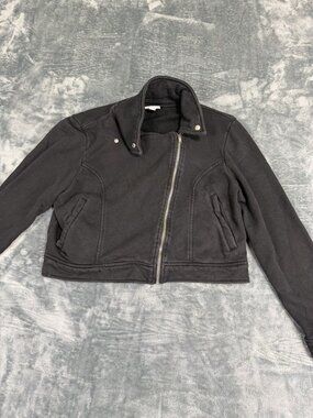 LuLaRoe Womens Black Cropped Zip Up Jacket Snap Collar Size L